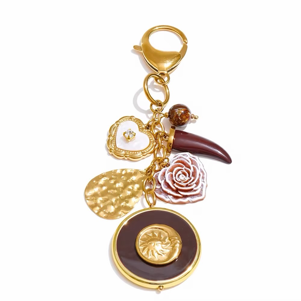 Gold & Brown Rose Heart Bag Charm  Stainless Steel Keychain